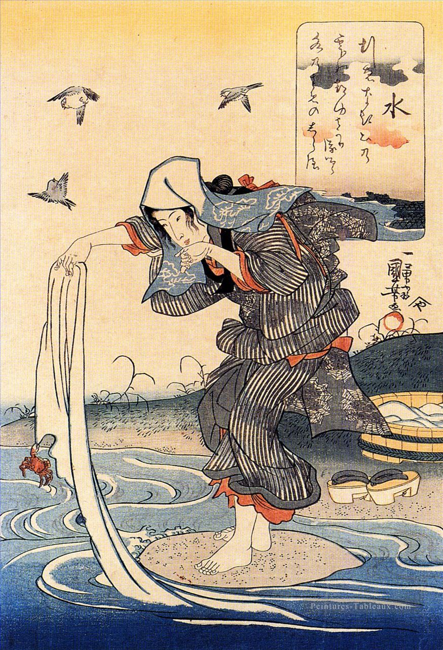 femme faisant sa lessive dans la rivière Utagawa Kuniyoshi japonais Peintures à l'huile